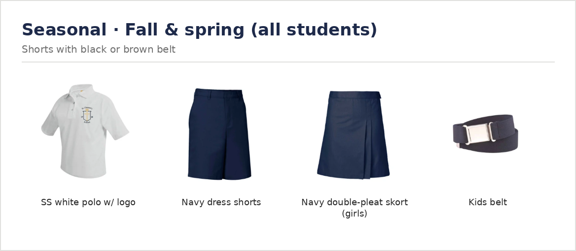 Seasonal fall and spring uniform items for all students
